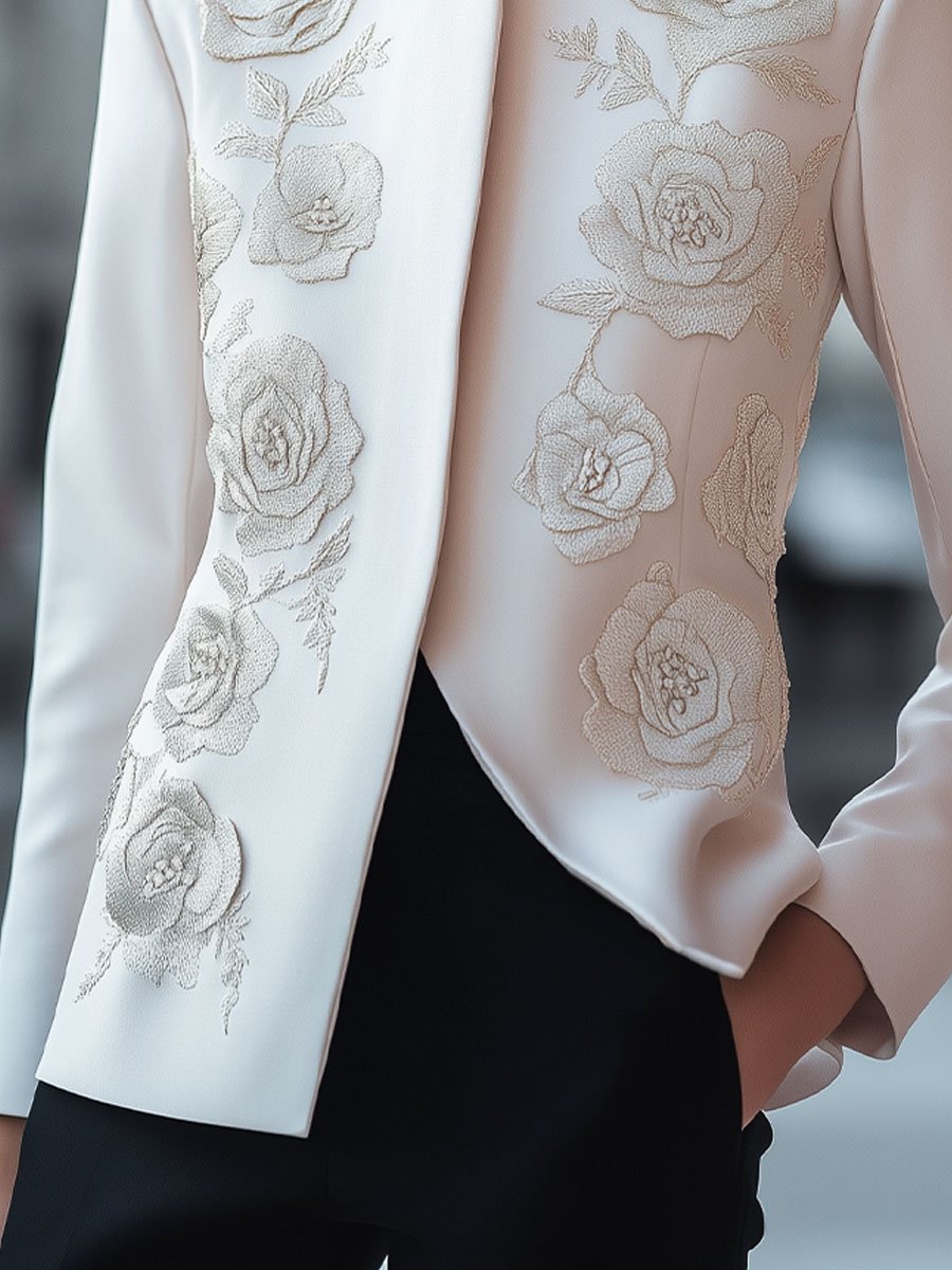 Ivory Floral Embroidered Jacket with Modern Elegance Ivory Floral Embroidered Jacket with Modern Elegance