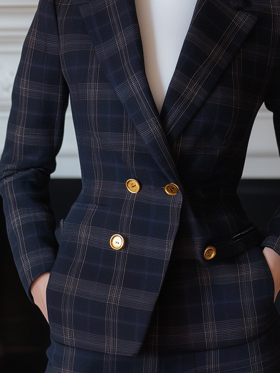 Navy Plaid Double-Breasted Blazer with Gold Buttons Navy Plaid Double-Breasted Blazer with Gold Buttons