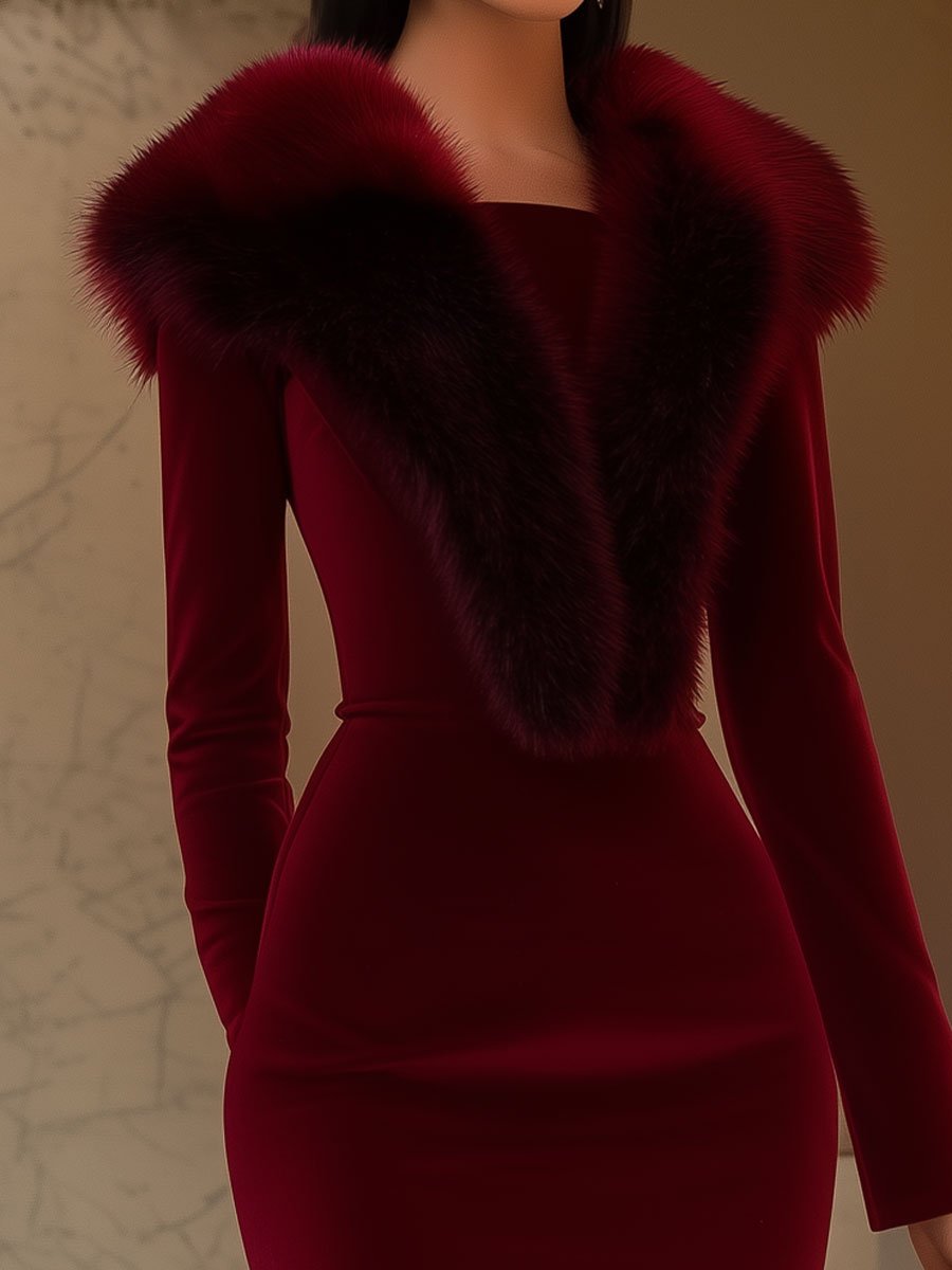 Burgundy Velvet Dress with Luxe Fur Collar Burgundy Velvet Dress with Luxe Fur Collar