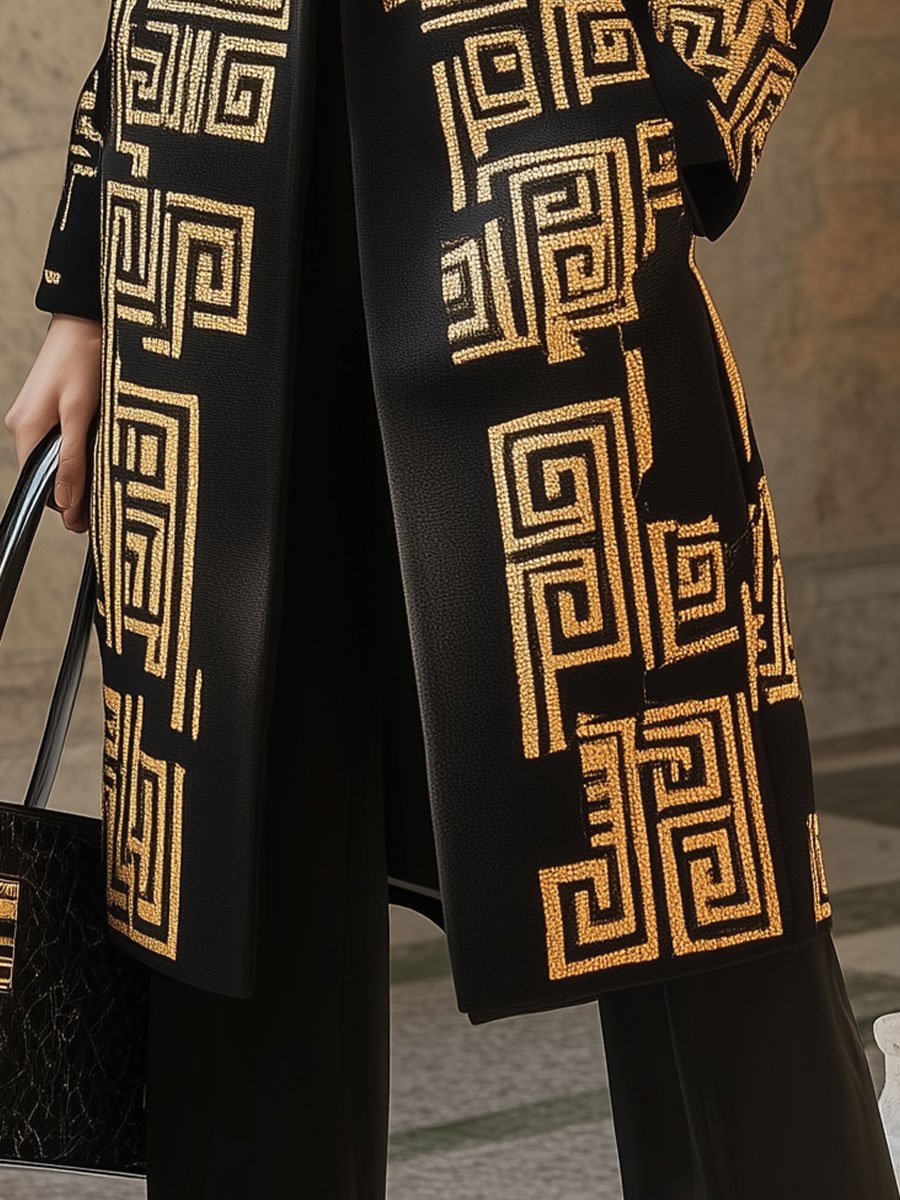 Luxurious Black Coat with Bold Gold Geometric Patterns Luxurious Black Coat with Bold Gold Geometric Patterns