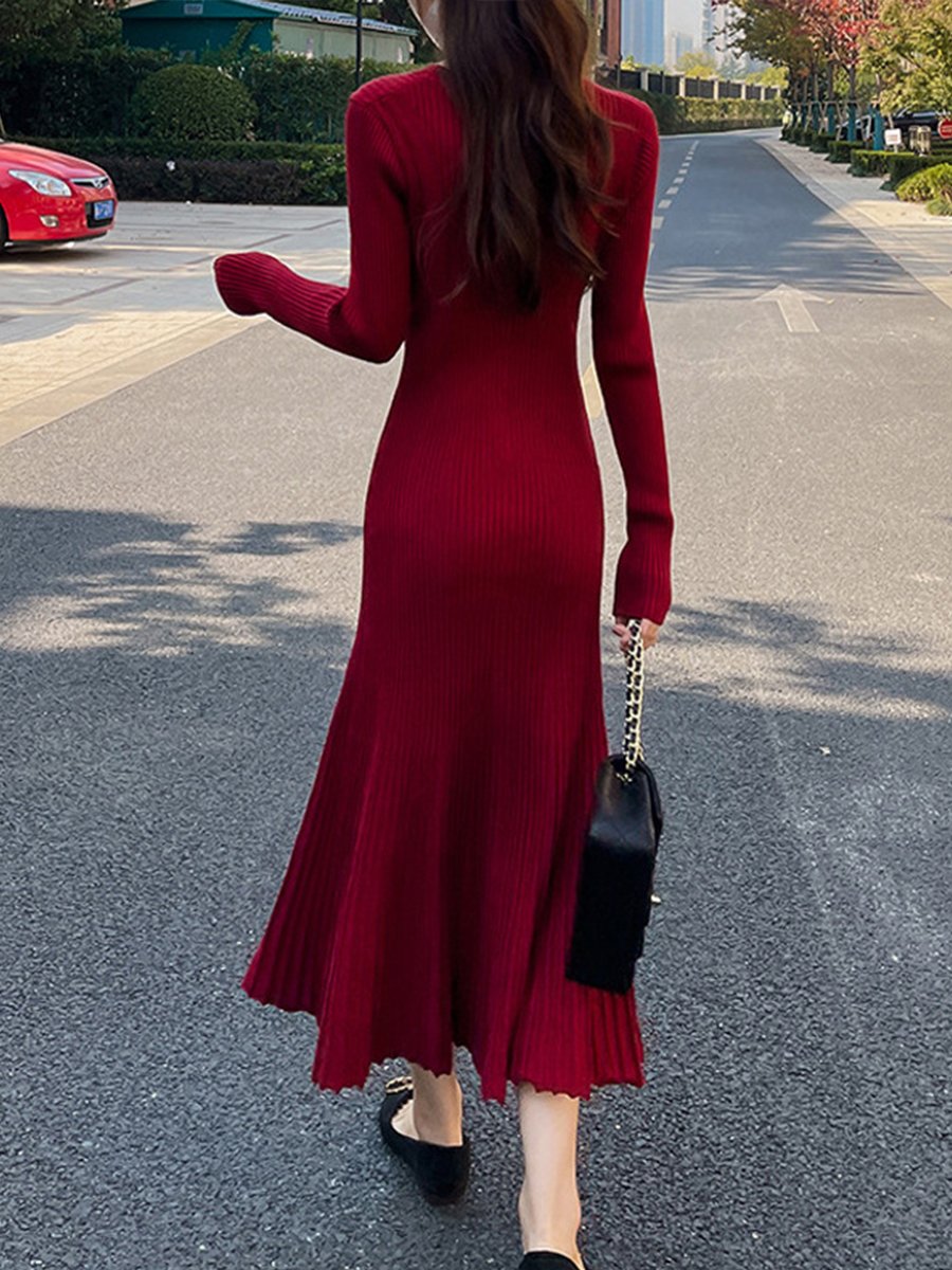 V-neck Slim Waist Knitted Dress V-neck Slim Waist Knitted Dress