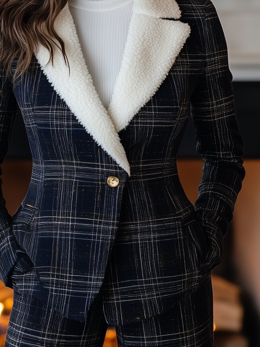 Navy Check Blazer with Shearling Collar Navy Check Blazer with Shearling Collar