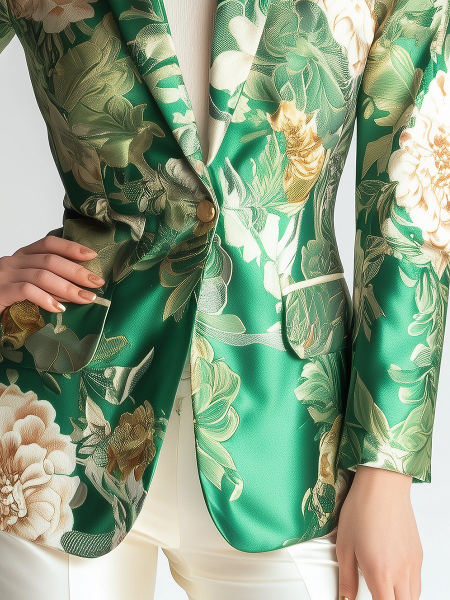 Luxurious Green Satin Blazer with Peony Floral Printed Luxurious Green Satin Blazer with Peony Floral Printed