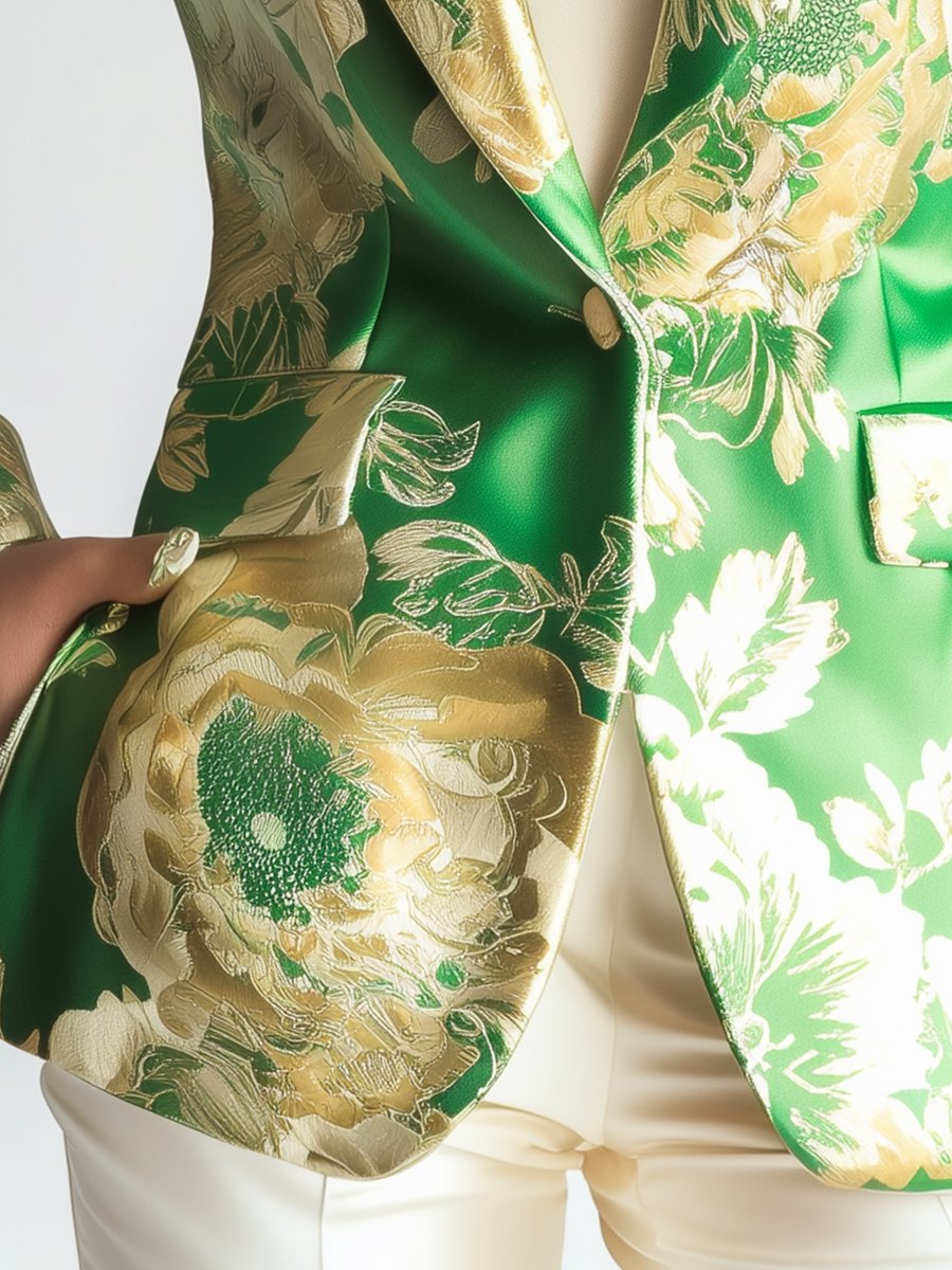 Elegant Green Satin Blazer with Golden Botanical Patterns Elegant Green Satin Blazer with Golden Botanical Patterns