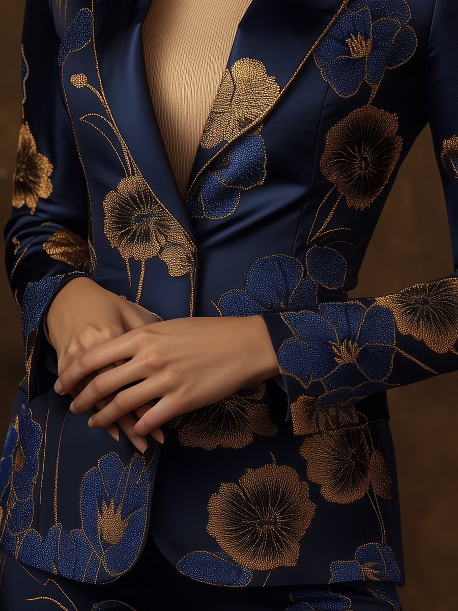 Navy Satin Blazer with Golden Floral Printed Navy Satin Blazer with Golden Floral Printed