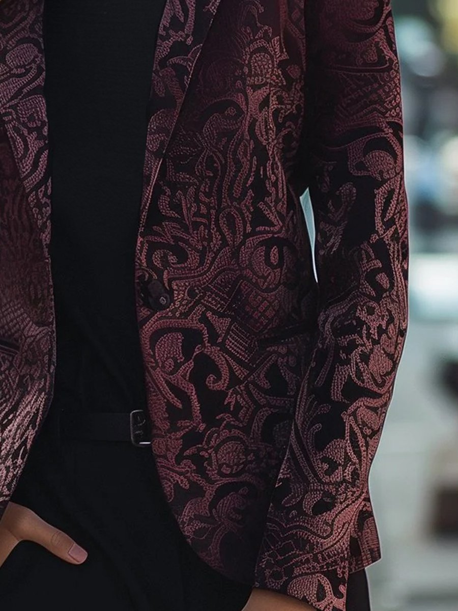 Burgundy Jacquard Blazer with Intricate Floral Pattern Burgundy Jacquard Blazer with Intricate Floral Pattern