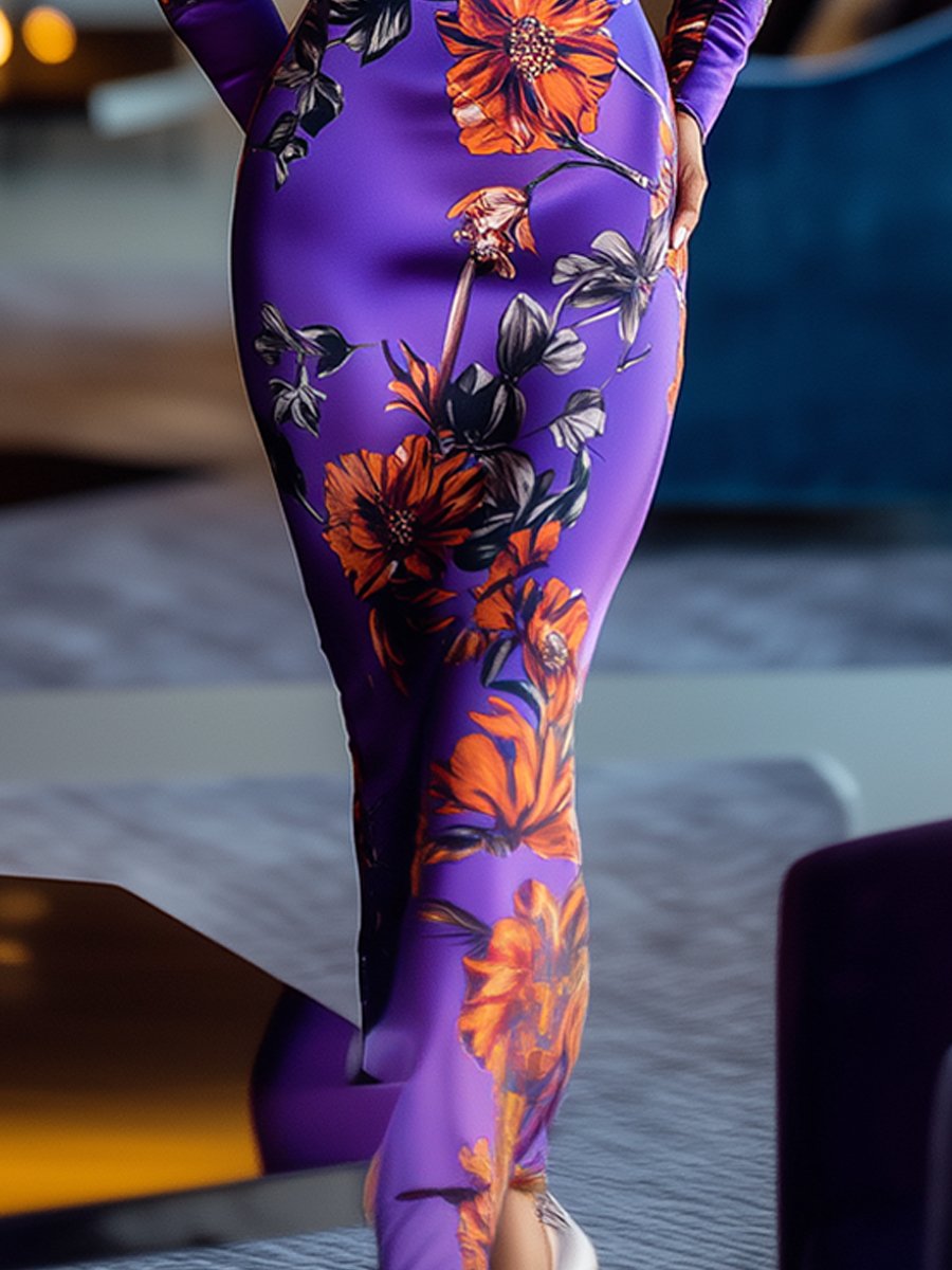 Vibrant Floral Satin Wrap Dress in Purple Vibrant Floral Satin Wrap Dress in Purple