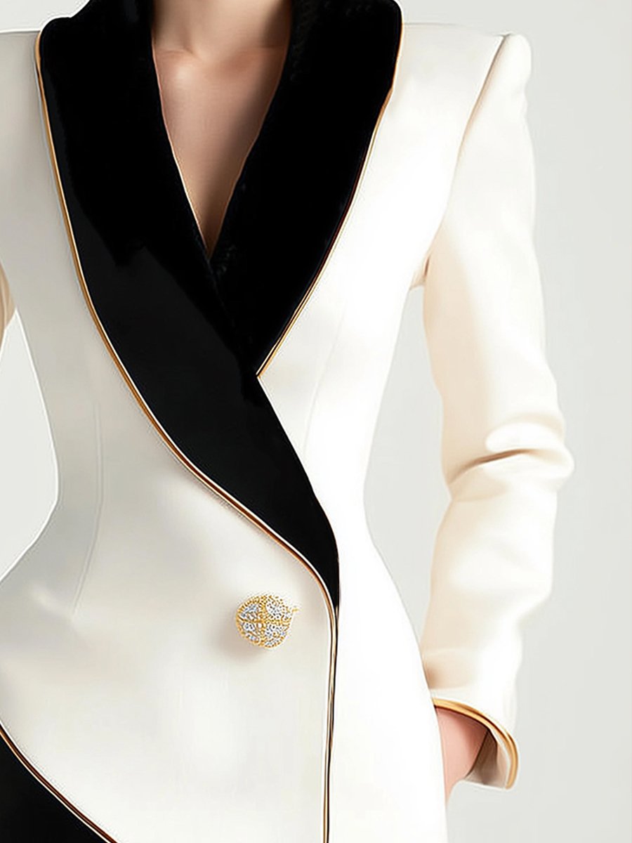 Elegant Asymmetrical White Blazer with Black Contrast Lapels Elegant Asymmetrical White Blazer with Black Contrast Lapels
