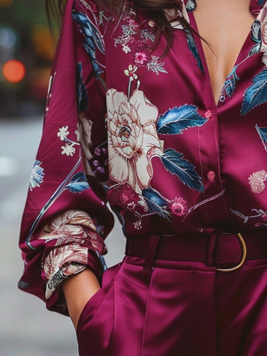 Vibrant Floral Print Burgundy Satin Blouse Vibrant Floral Print Burgundy Satin Blouse