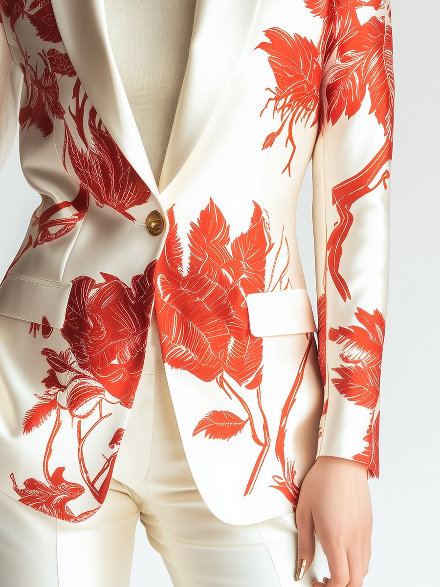 Chic Ivory Satin Blazer with Striking Red Floral Design Chic Ivory Satin Blazer with Striking Red Floral Design