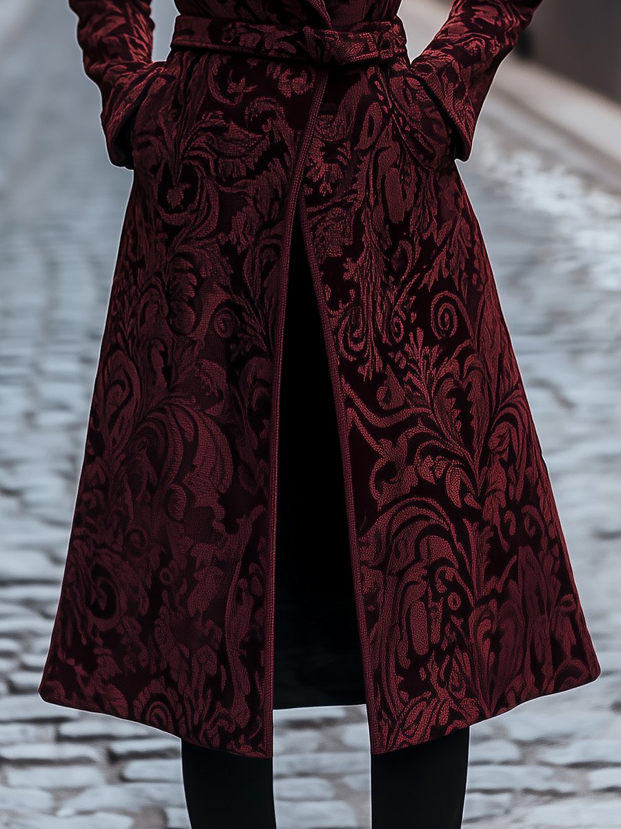 Tailored Burgundy Coat with Floral Jacquard Tailored Burgundy Coat with Floral Jacquard