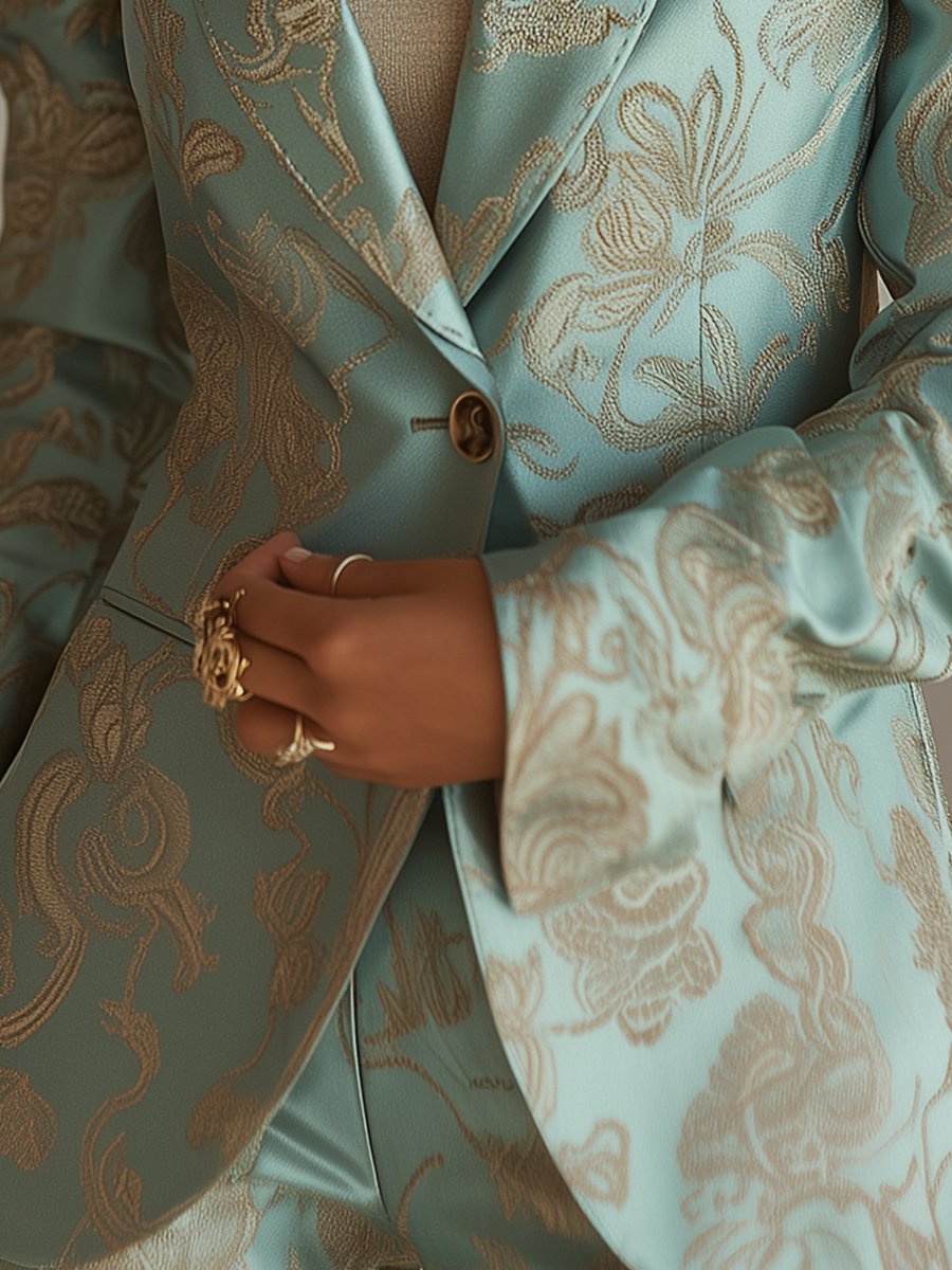 Mint Green Jacquard Blazer with Gold Floral Detailing Mint Green Jacquard Blazer with Gold Floral Detailing